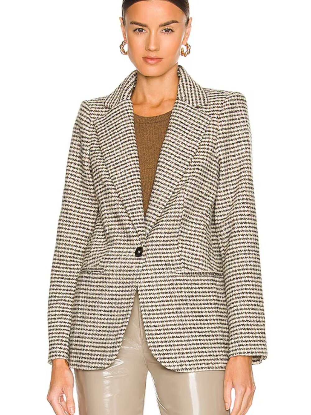 ASTR The Label Harlow Blazer Hazelnut Black Houndstooth Small Wool Blend Jacket